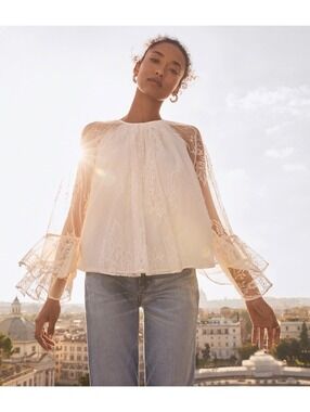NWT Loft Chantilly Lace Flare Sleeve Blouse Cream Large Cottagecore Coquette